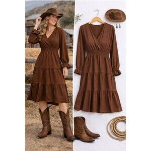 New Women's Casual Wrap V Neck Midi Dress Long Sleeve 2XL Smocked Waist Tiered